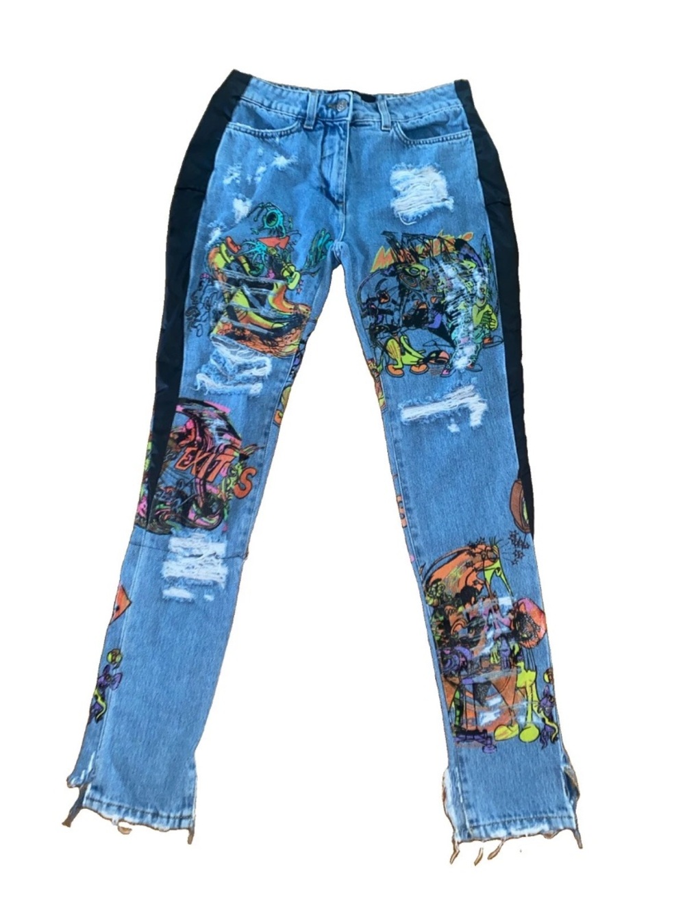 Jeremy Scott Size 2 US Denim Jeans Distressed Los Exitos Graphic graffiti Print